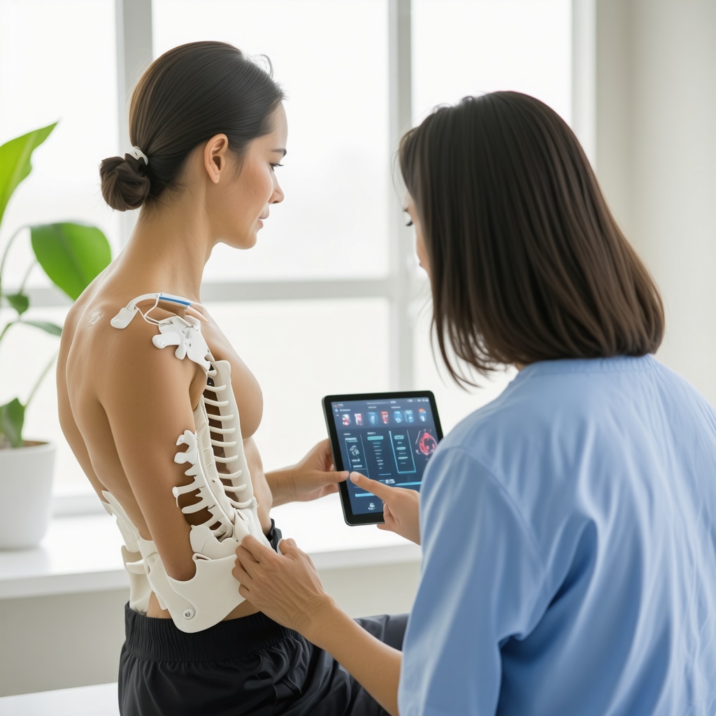 Patient with wearable spinal sensors connected to a clinician's digital monitoring system in a rehabilitation setting