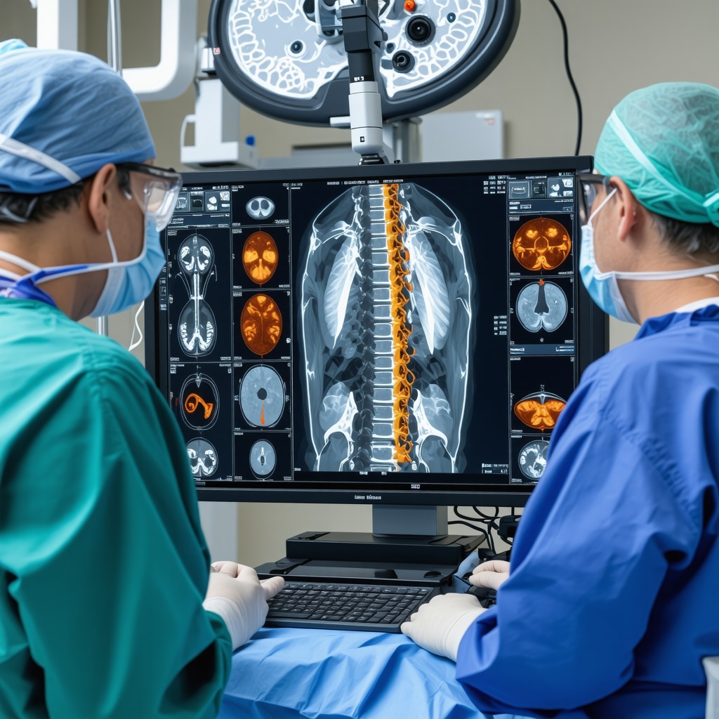 Surgeons using 3D imaging navigation during spine surgery