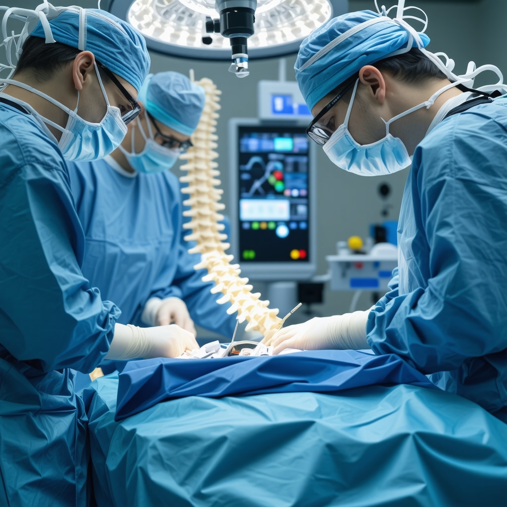 Spinal surgeon performing AI-assisted robotic spinal fusion with 3D imaging and smart biomaterial scaffolds in operating room