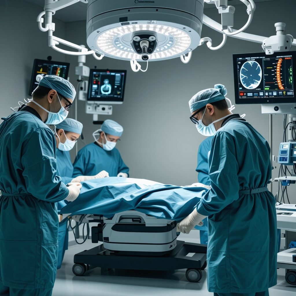 Surgeons performing AI-assisted robotic spine surgery with biometric monitoring displays in a high-tech operating room in New Jersey