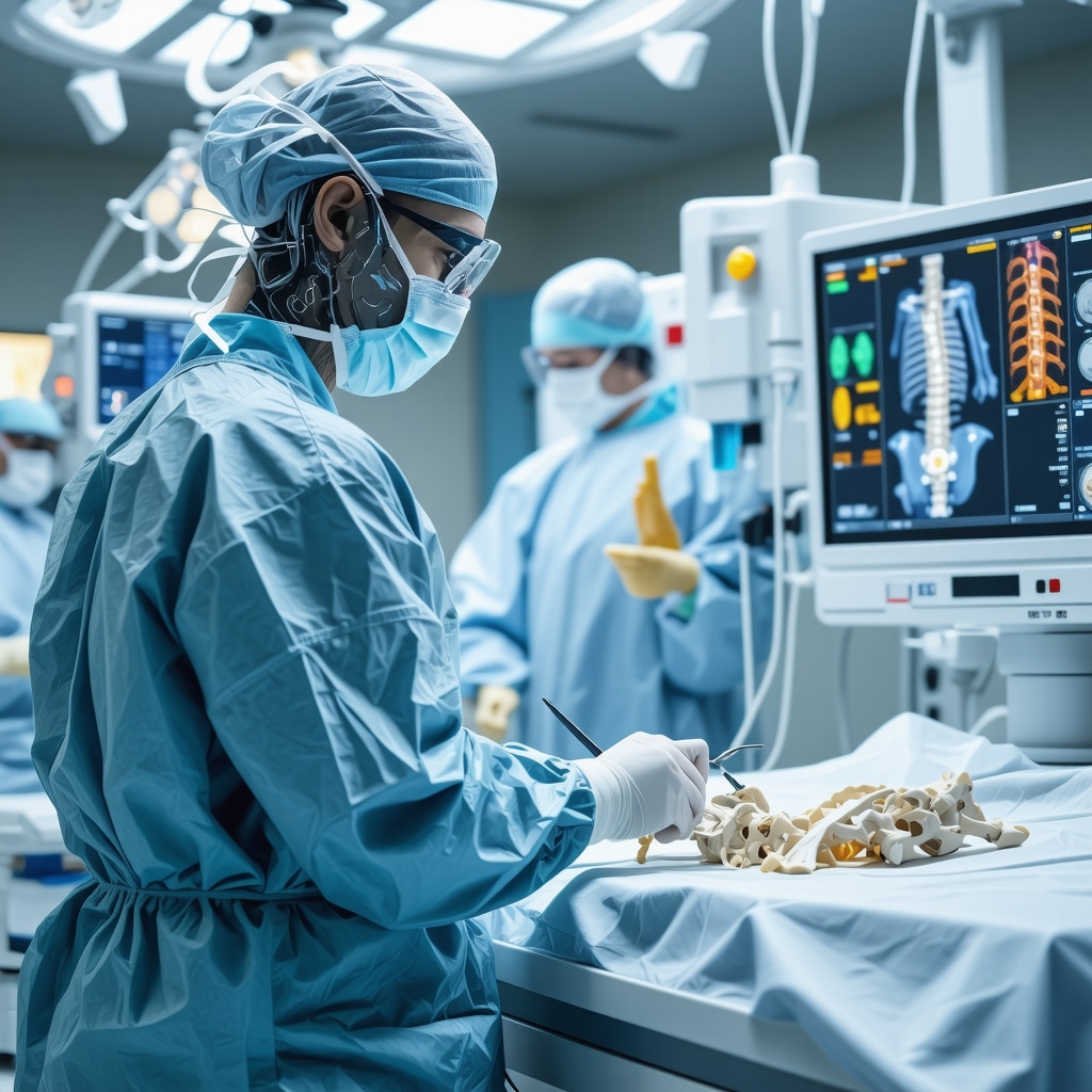 Surgeon using AI and 3D holographic model for custom scoliosis implant planning in advanced surgical room