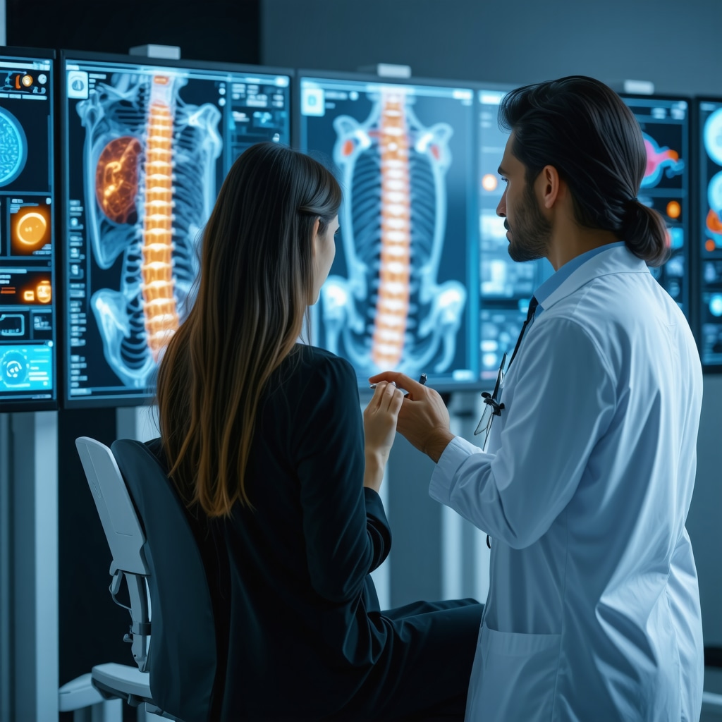 Clinician using AI-powered 3D spinal imaging holograms in a futuristic medical setting