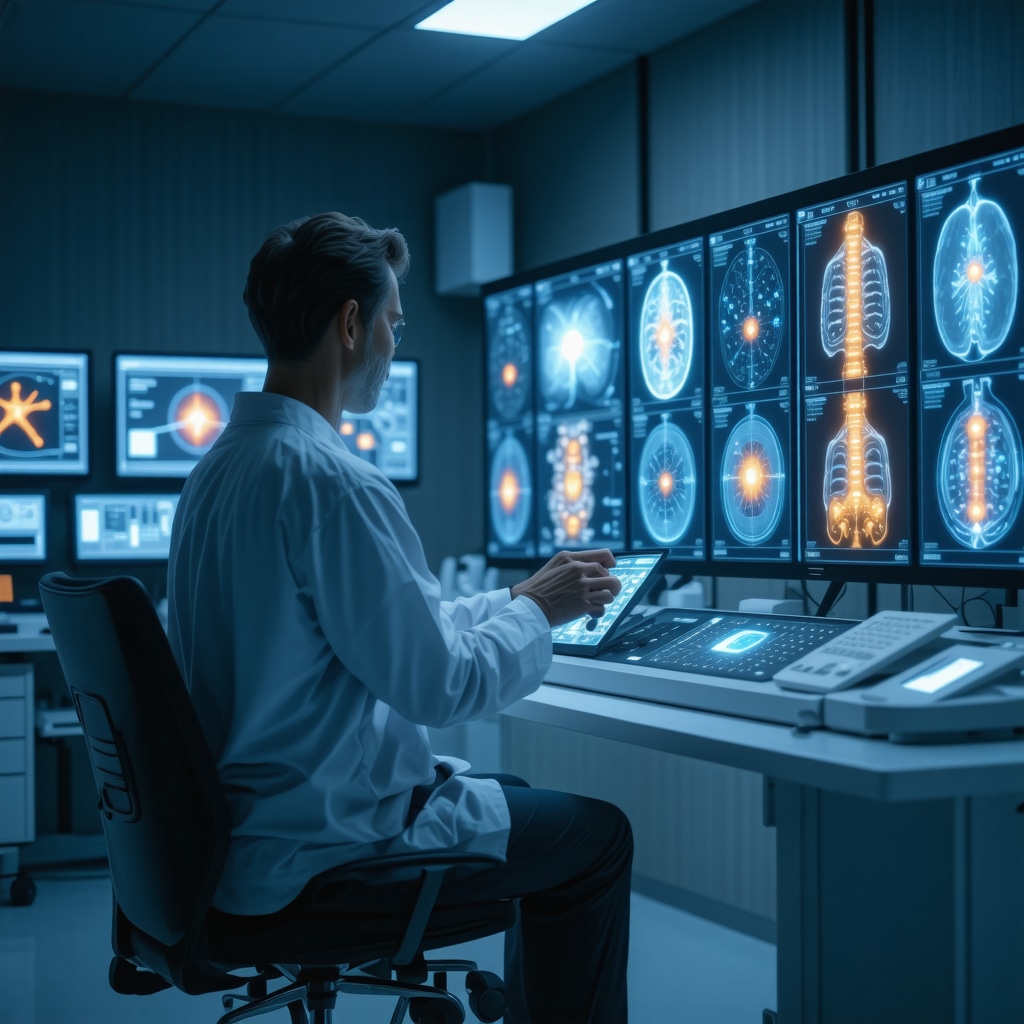 Doctor and patient analyzing AI-driven spine diagnostics and pharmacogenomic data on digital screens in a modern clinic