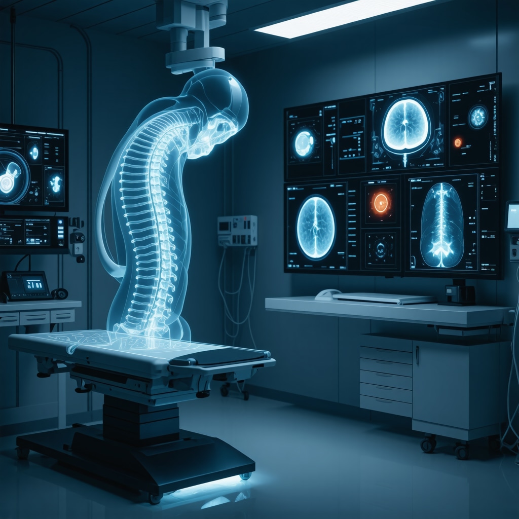 Futuristic clinical scene featuring AI-assisted spine imaging and biomechanical models for trauma evaluation