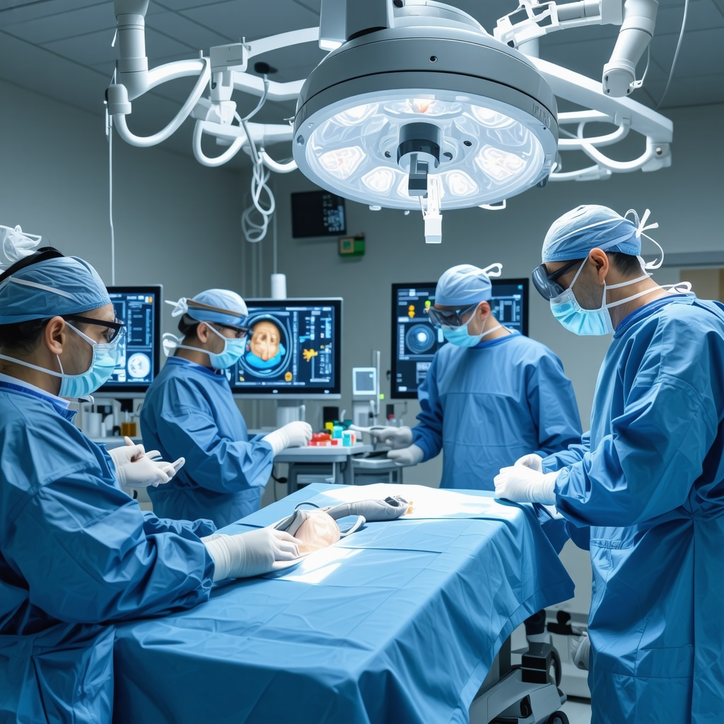 Surgeons operating in a spine surgery room with AI monitors showing neural and molecular data