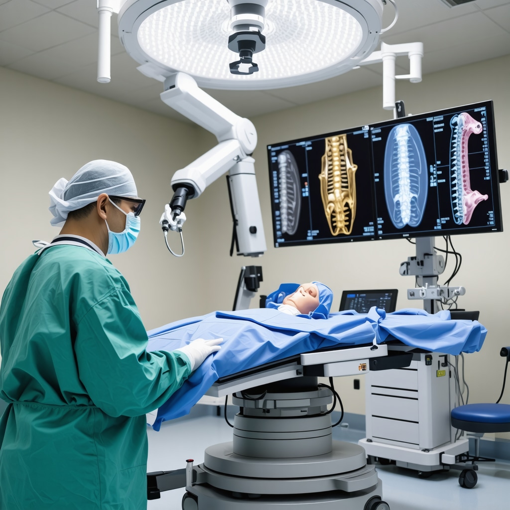 Surgeon using AI-driven robotic arm with 3D spinal models on screens in advanced New Jersey operating room