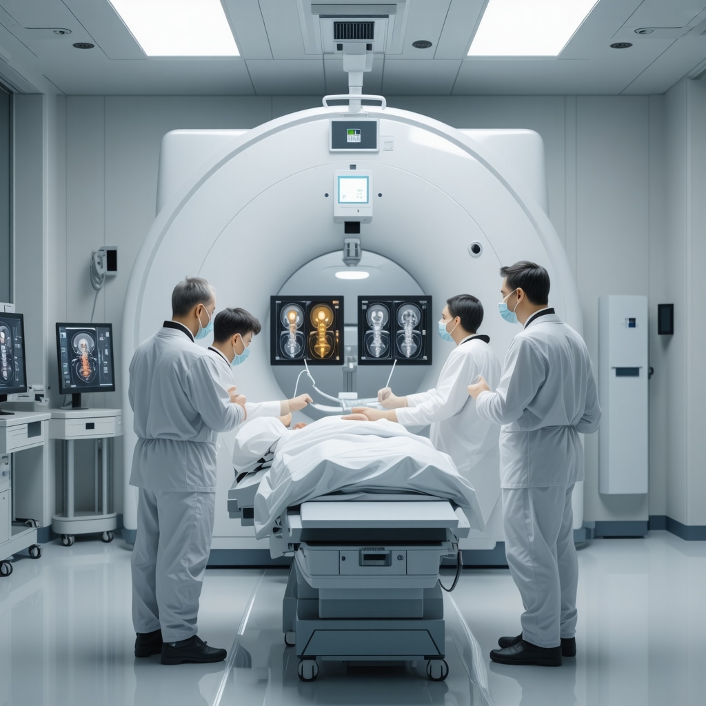 Medical imaging room with AI analyzing spinal hardware integration using dynamic CT and MRI scans