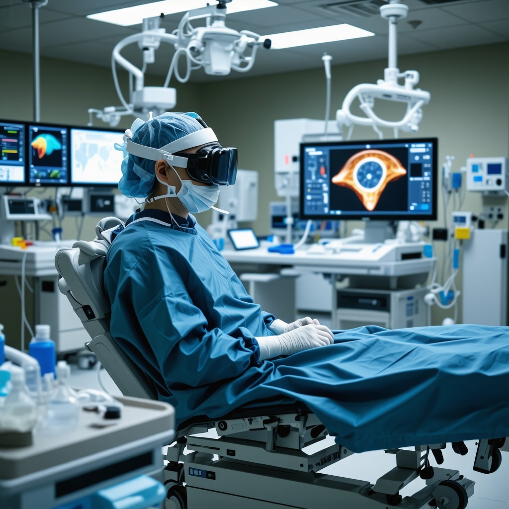 Patient using virtual reality for spine surgery rehabilitation with AI monitoring in a New Jersey hospital