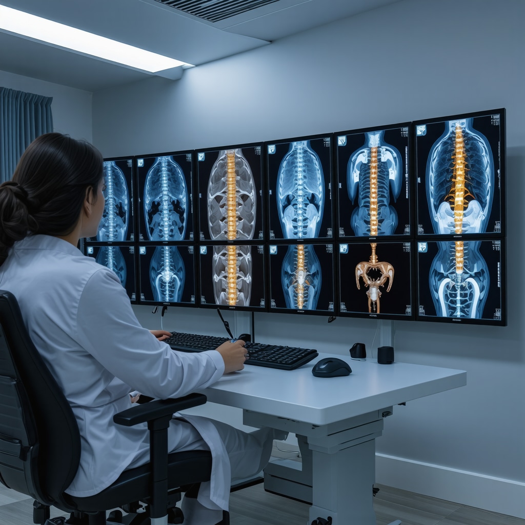 Spine surgeon reviewing AI-enhanced 3D spinal images and advanced imaging scans on monitors