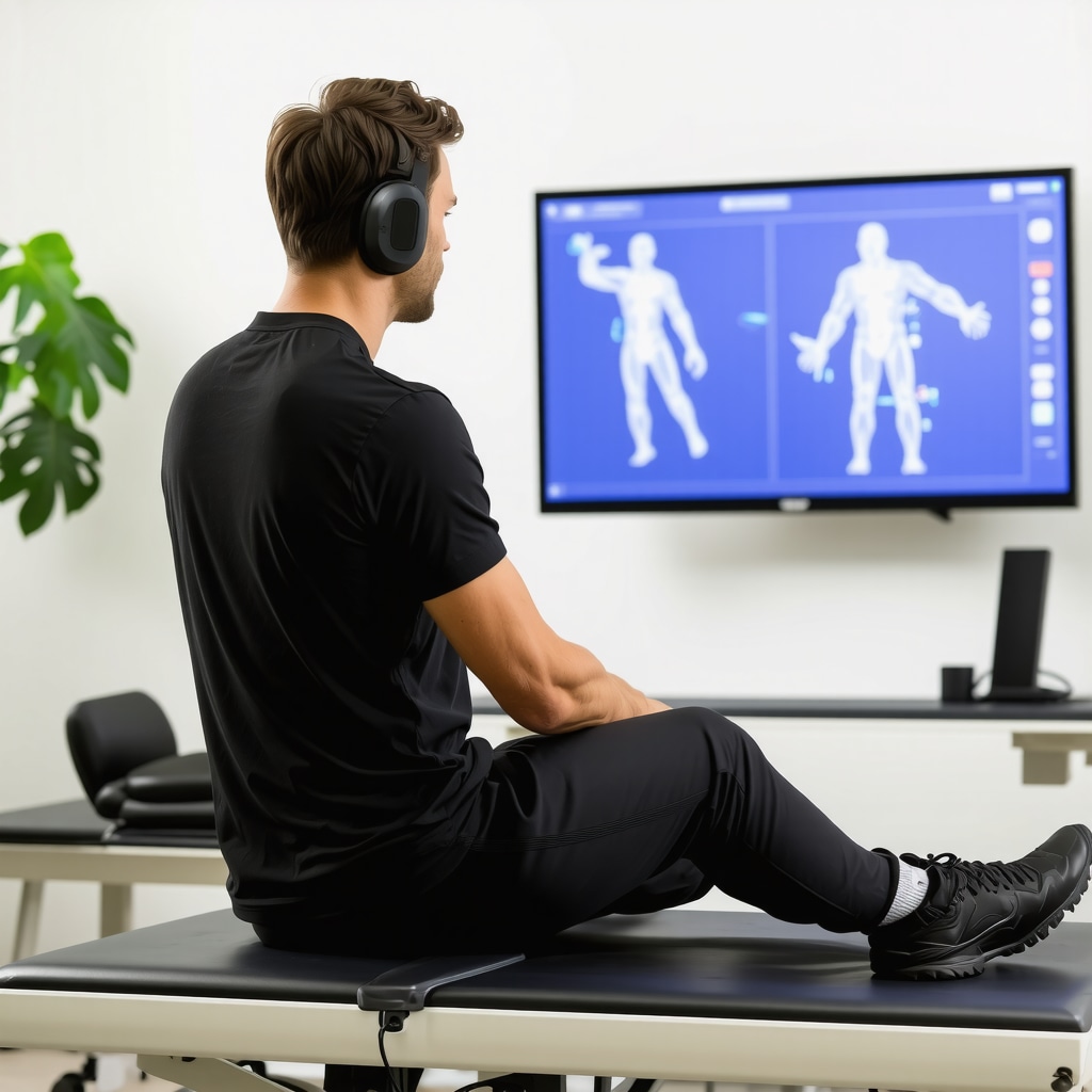 Patient using wearable device for personalized spine surgery recovery with AI analytics on screen