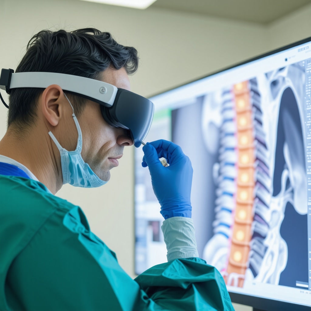 Surgeon wearing augmented reality glasses during spinal procedure with 3D overlay