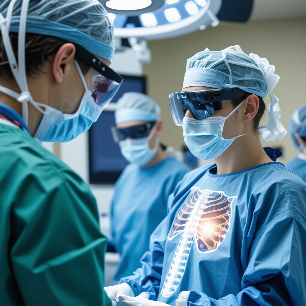 Surgeon wearing AR glasses during spine procedure, holographic spinal model overlay
