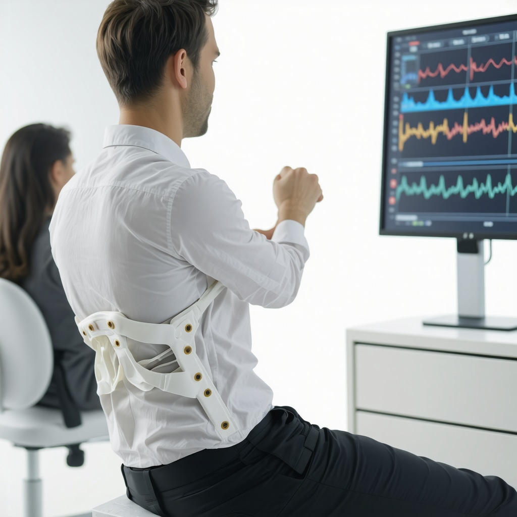 Customizable spinal orthosis embedded with sensors showing posture data during rehabilitation