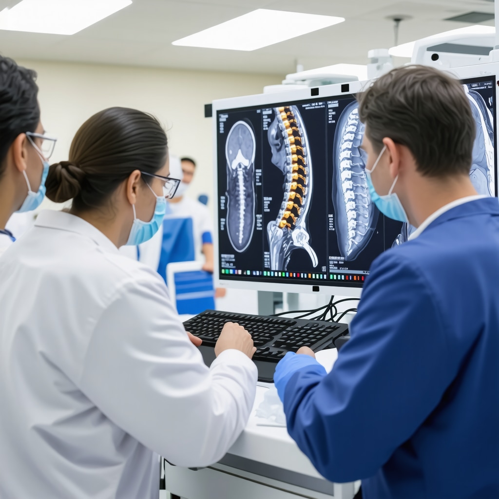 Medical professionals analyzing spinal imaging and genetic data for personalized spine injury treatment in a New Jersey clinic