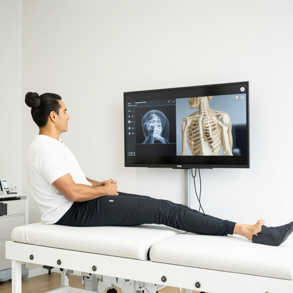 Patient performing post-spinal surgery exercises with wearable sensors and telehealth guidance