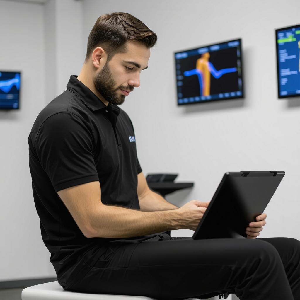 Patient with wearable sensors undergoing rehabilitation while therapist monitors progress on tablet