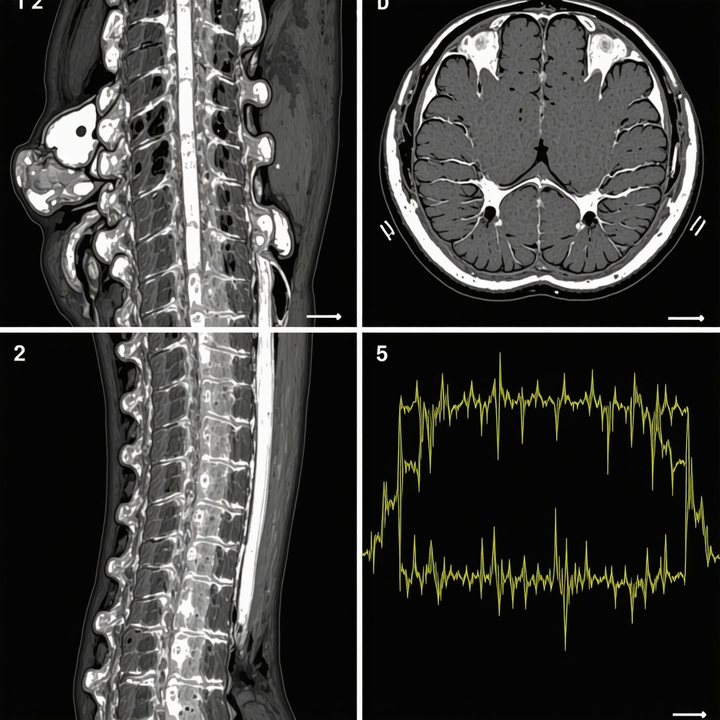 Detailed MRI and nerve conduction test images showing nerve damage in the spine