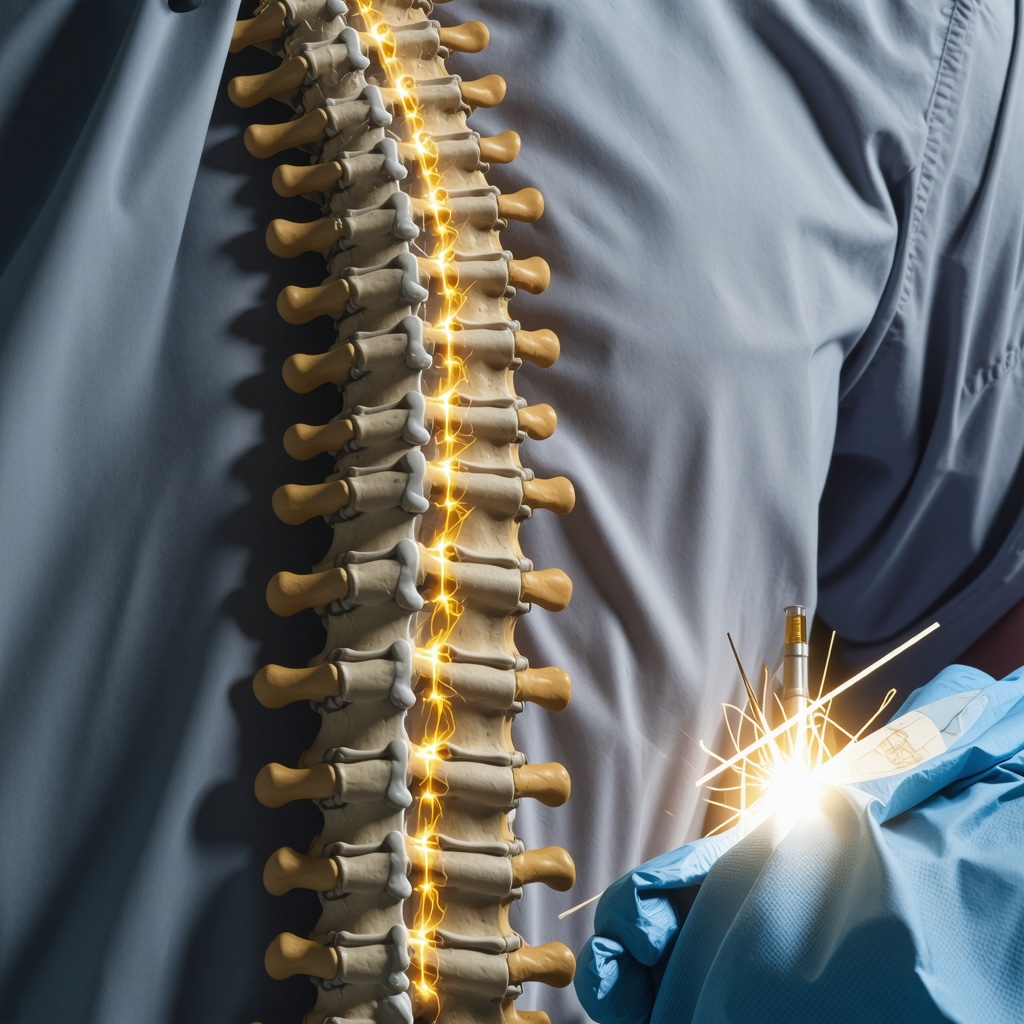 Illustration of spine surgery with robotic assistance and minimally invasive tools.