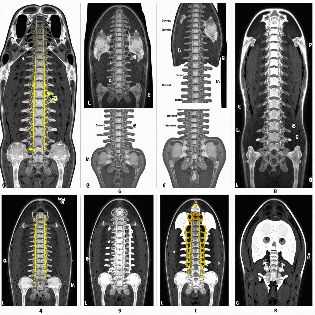 Medical illustration of spine with dynamic MRI and upright CT scan annotations demonstrating anatomical variations