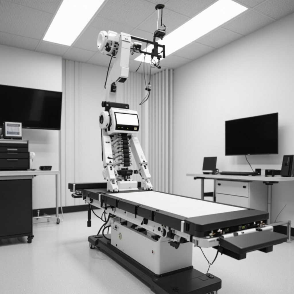 Rehabilitation room with robotic devices and biofeedback sensors for spinal therapy