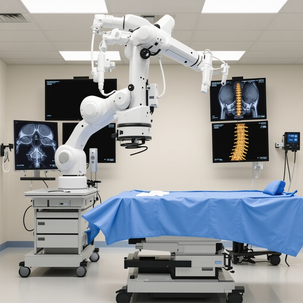 Modern spine surgery suite equipped with robotic assistance, augmented reality, and 3D printed implants