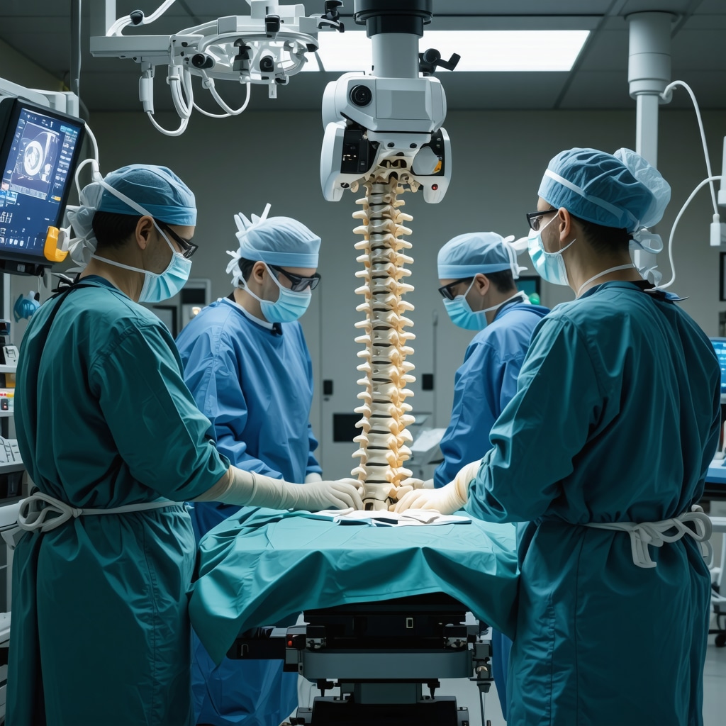 Futuristic spine surgery featuring AI and robotic tools in a high-tech operating room