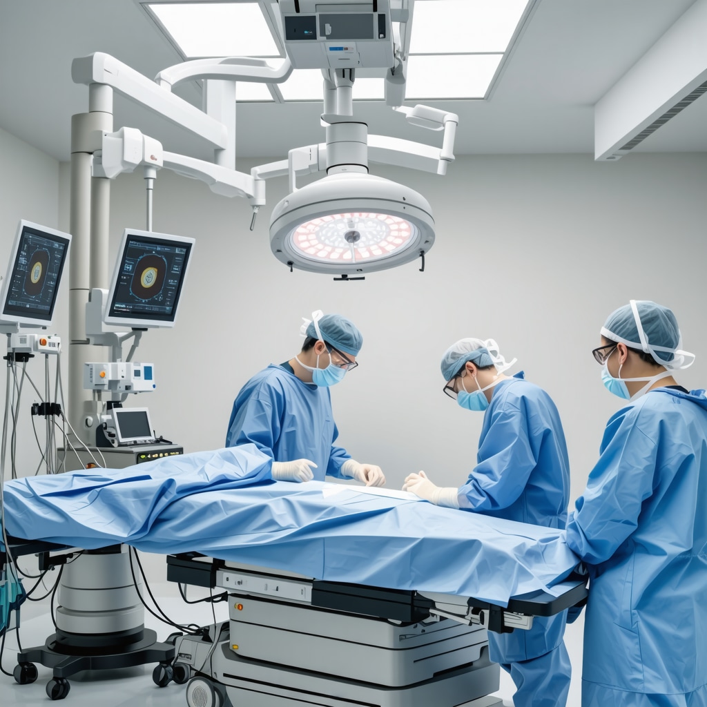 Surgeon using robotic-assisted technology during spine surgery in a high-tech operating room.