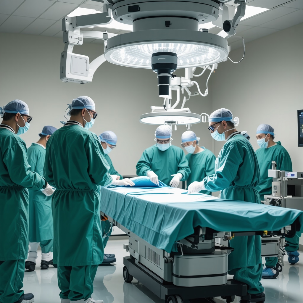Surgeons using robotic-assisted spine surgery equipment in a high-tech operating room