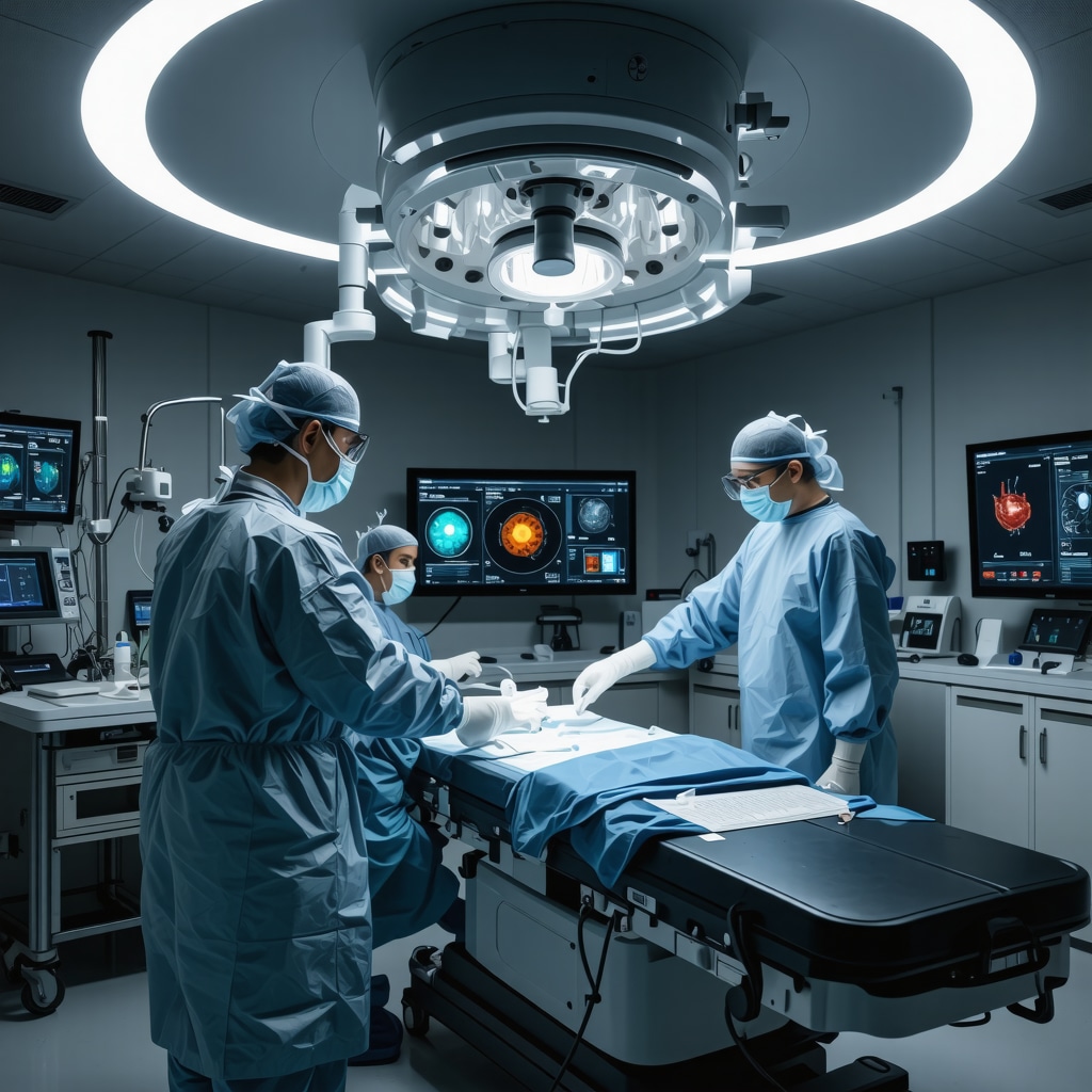 Futuristic spine surgery room showing AI and biomarker technology in use
