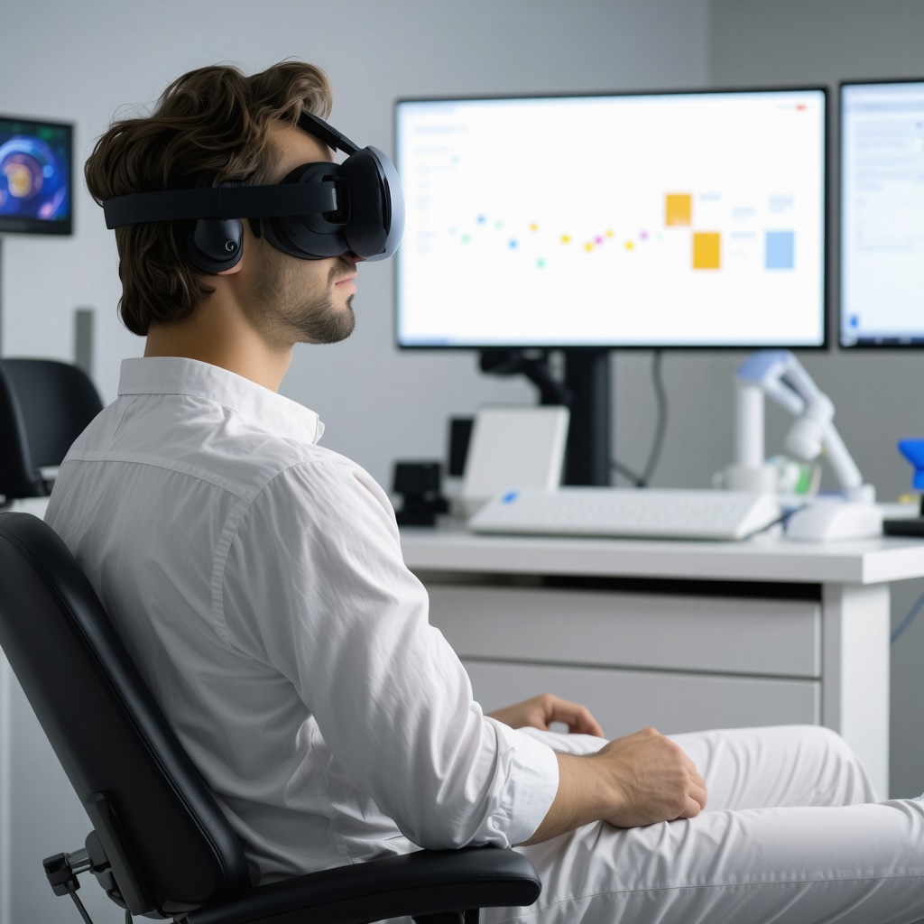 Patient using virtual reality and wearable sensors for spine surgery recovery monitored by clinicians with AI analytics screens
