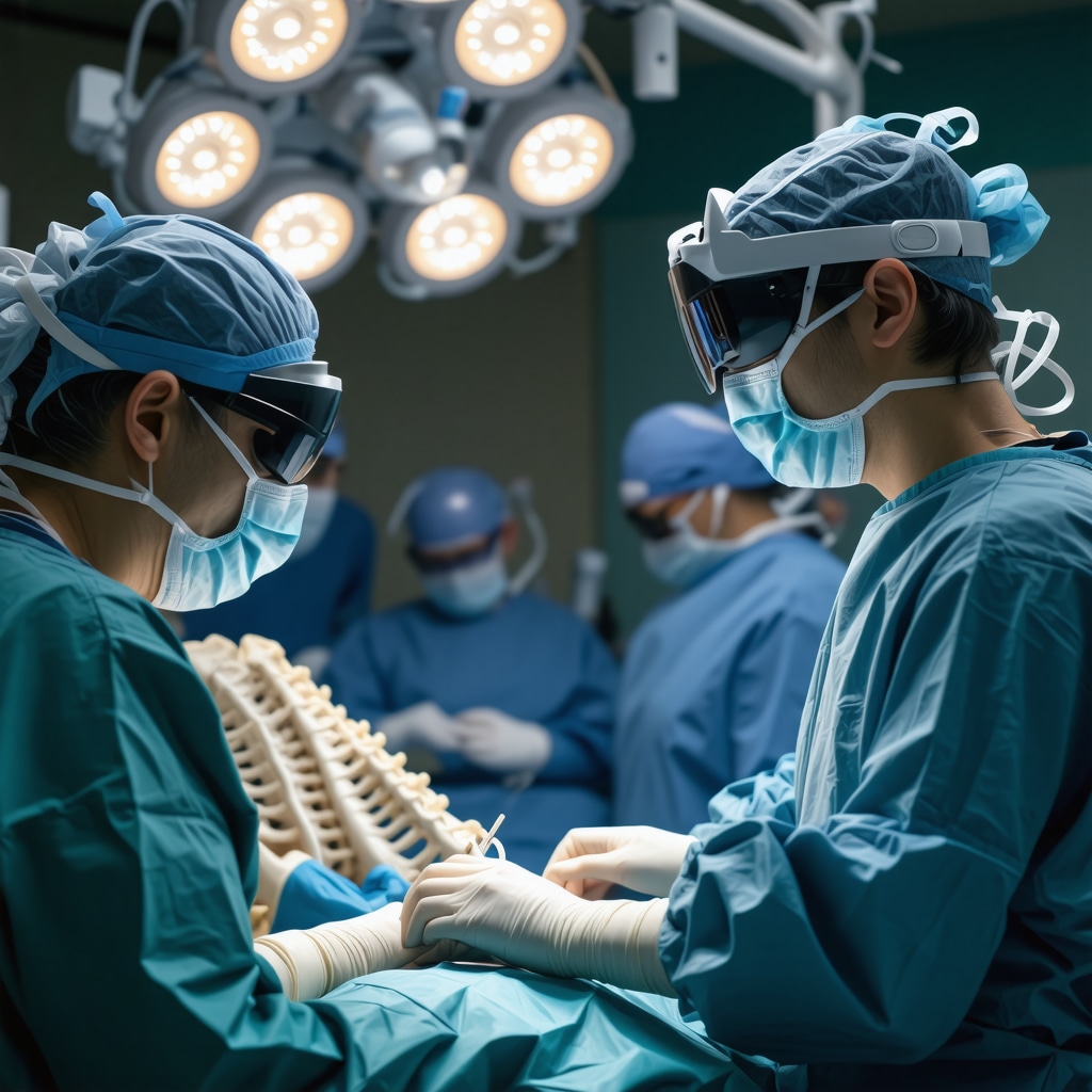 Surgeon wearing AR headset performing spinal surgery in a modern operating room