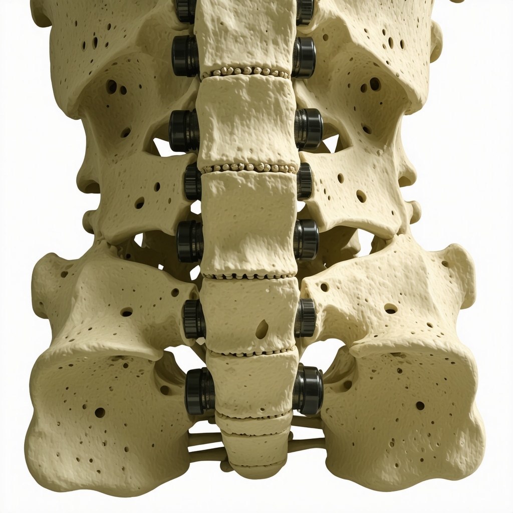 Detailed illustration of lumbar spine fusion implants demonstrating biomechanical principles