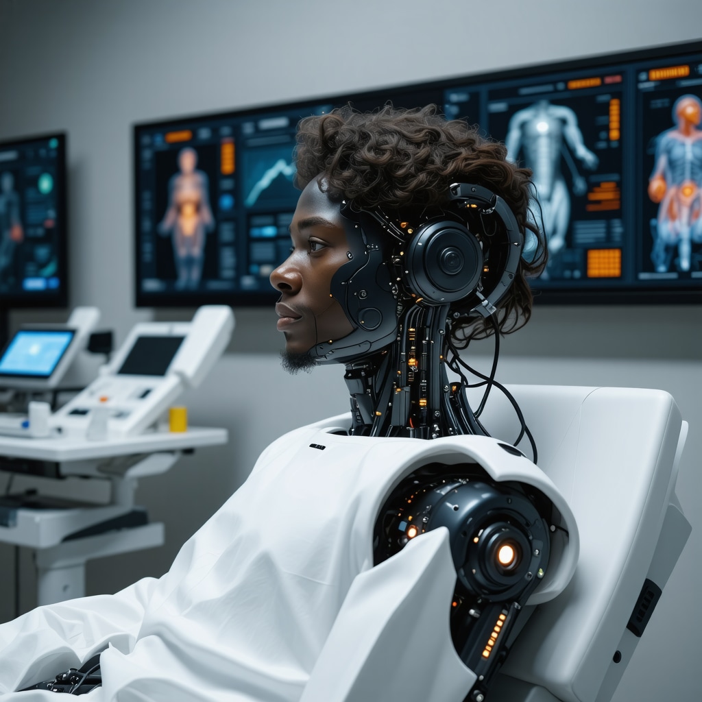 Patient undergoing brain-computer interface therapy with biometric and AI data displays in a modern rehab clinic