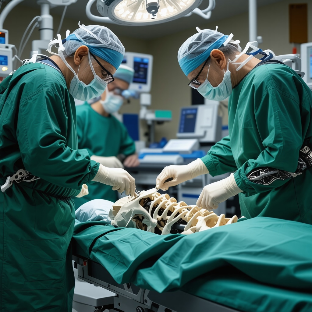 Robotic-assisted spine surgery technology being used on an elderly patient in a high-tech operating room
