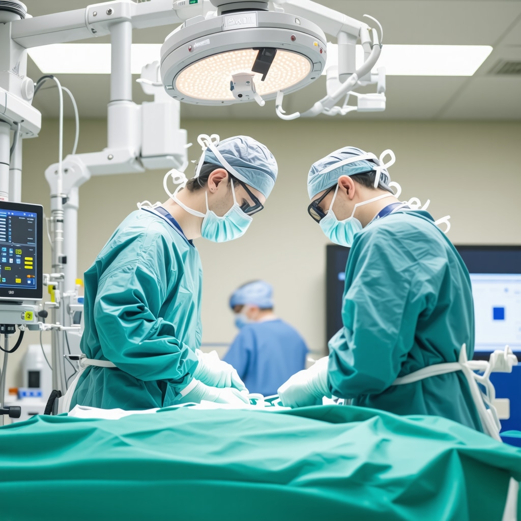 Surgeon operating advanced robotic-assisted spine surgery equipment in a high-tech NJ hospital