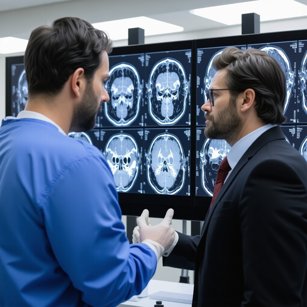 Surgeon and legal professional analyzing spinal injury scans together.