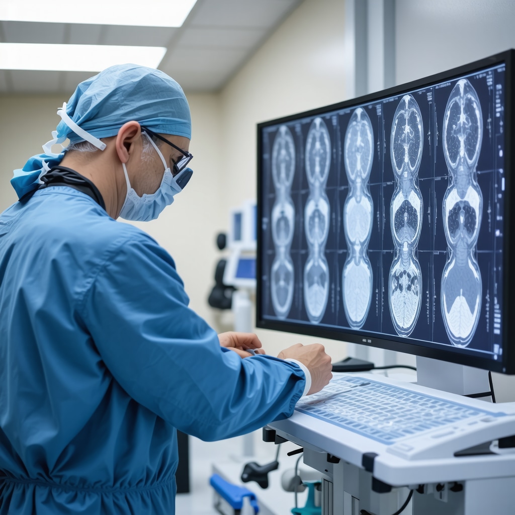 Spine surgeon reviewing MRI and CT scans in a clinical setting.
