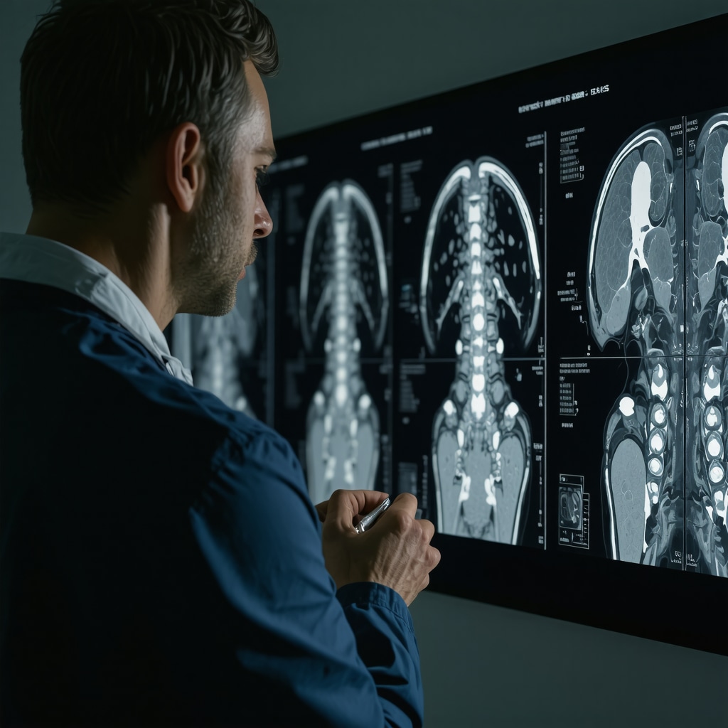 Spine surgeon analyzing MRI scans in a clinical setting