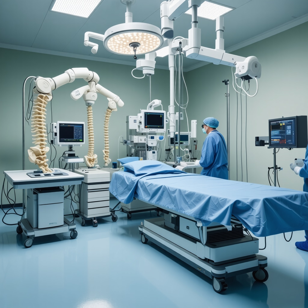 Robotic-assisted spine surgery with 3D-printed implants in a modern operating room.