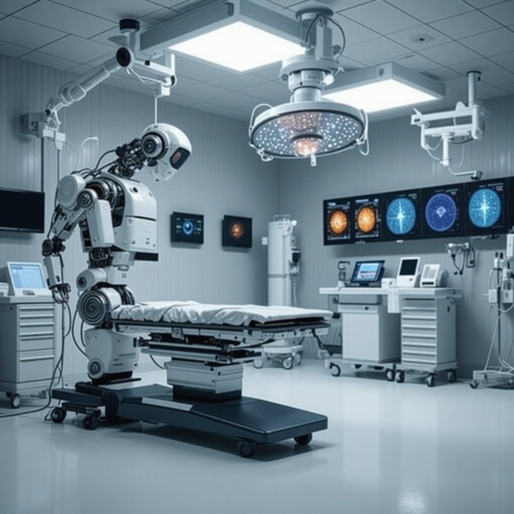 AI-powered diagnostic screens and robotic systems in a modern spine treatment clinic