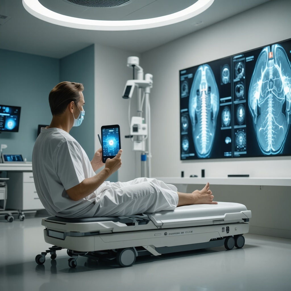 Patients using gamified rehabilitation apps and wearable sensors with neuroimaging displays in a modern clinic