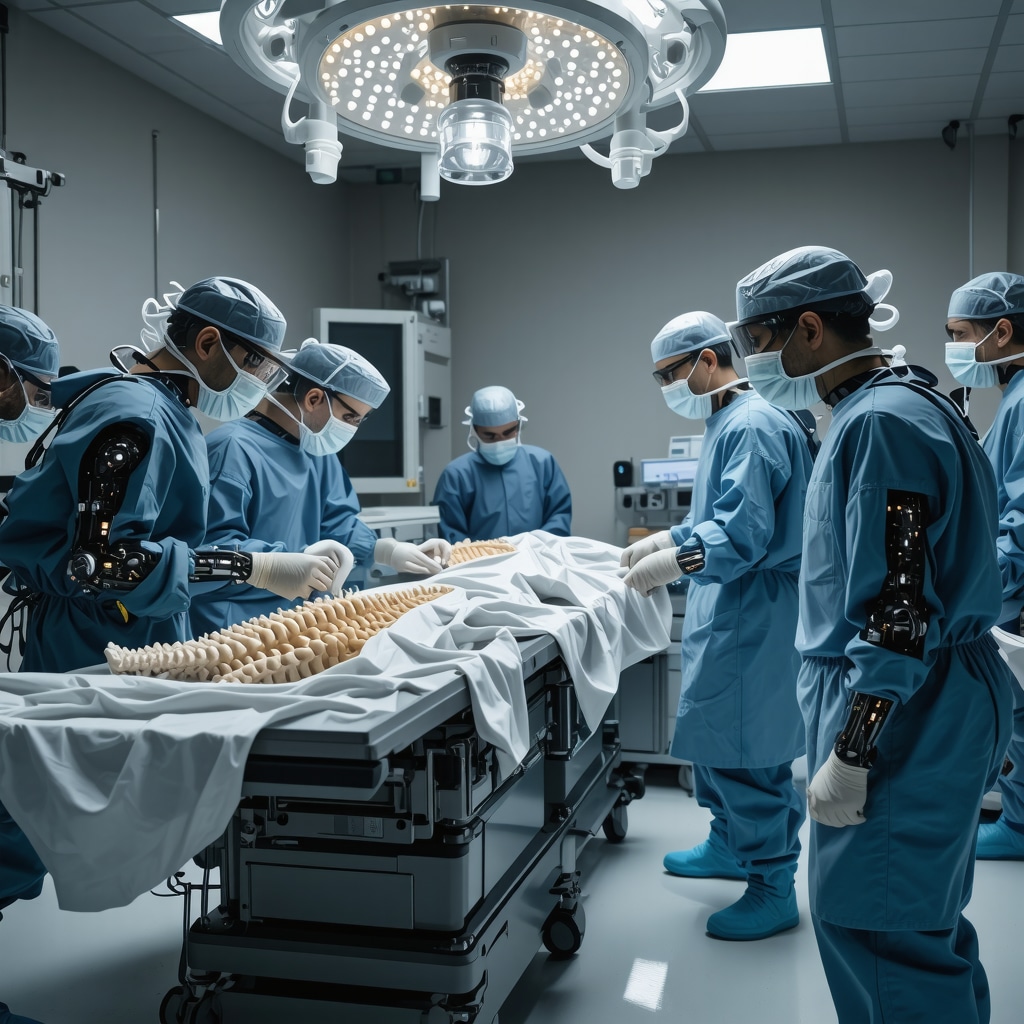 Operating room with robotic surgical systems and medical team planning advanced spine procedures