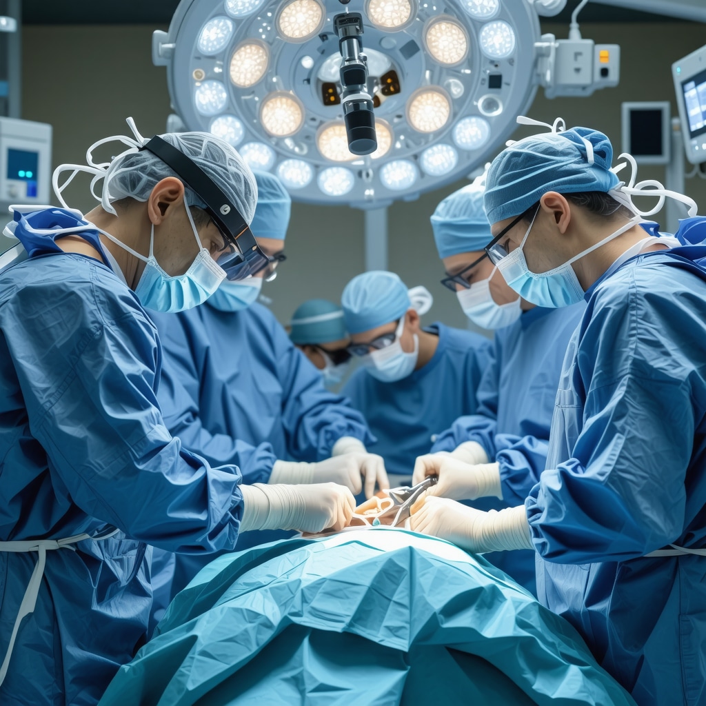 Surgeons using AI and augmented reality during advanced spine surgery in a high-tech operating room