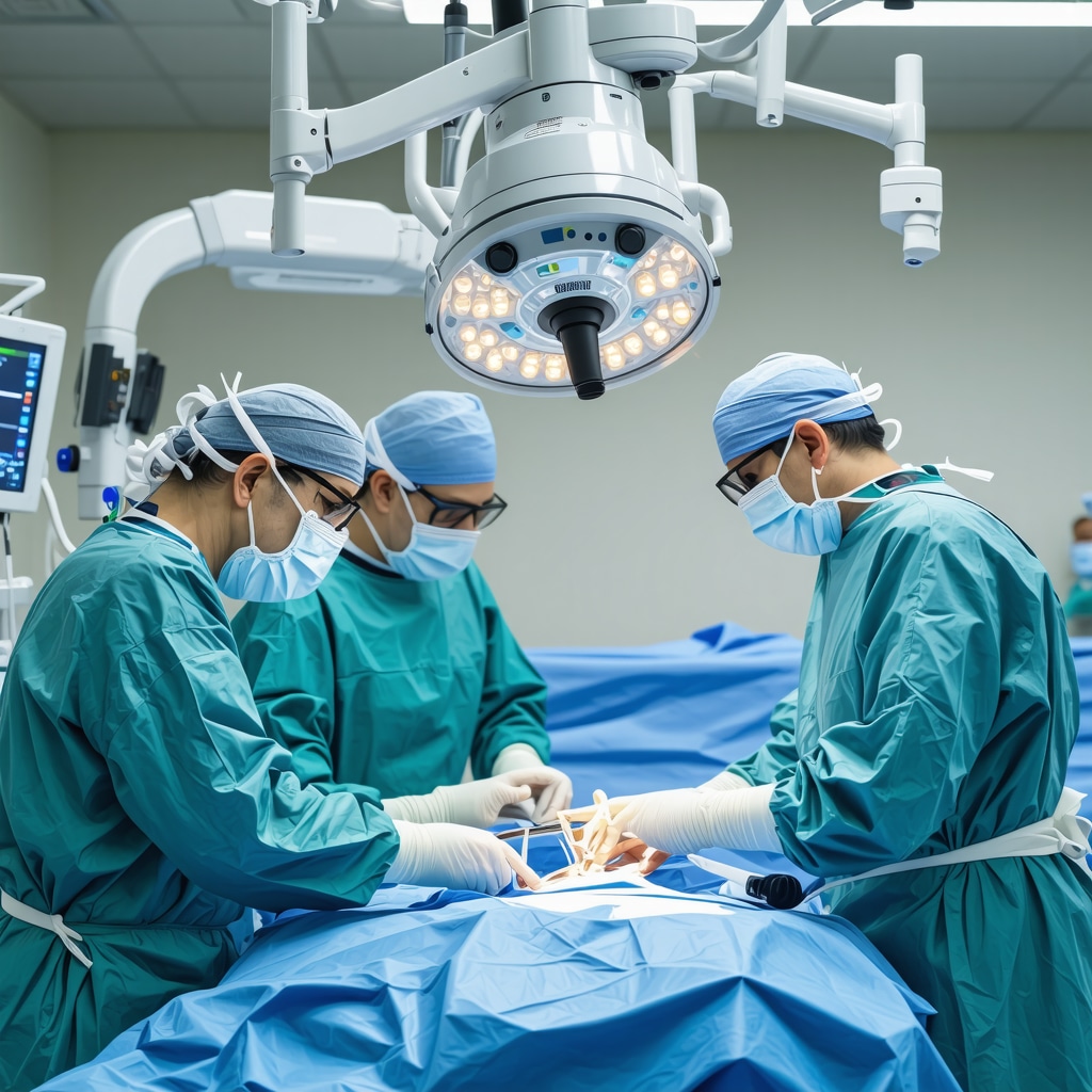Surgeon using robotic-assisted technology during spinal surgery in a modern operating room.