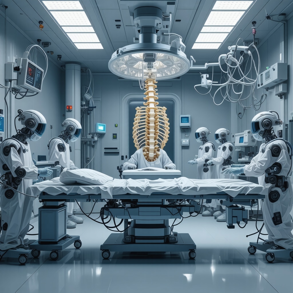 Illustration of advanced spine surgery technology featuring robotics and artificial intelligence in a modern operating room.
