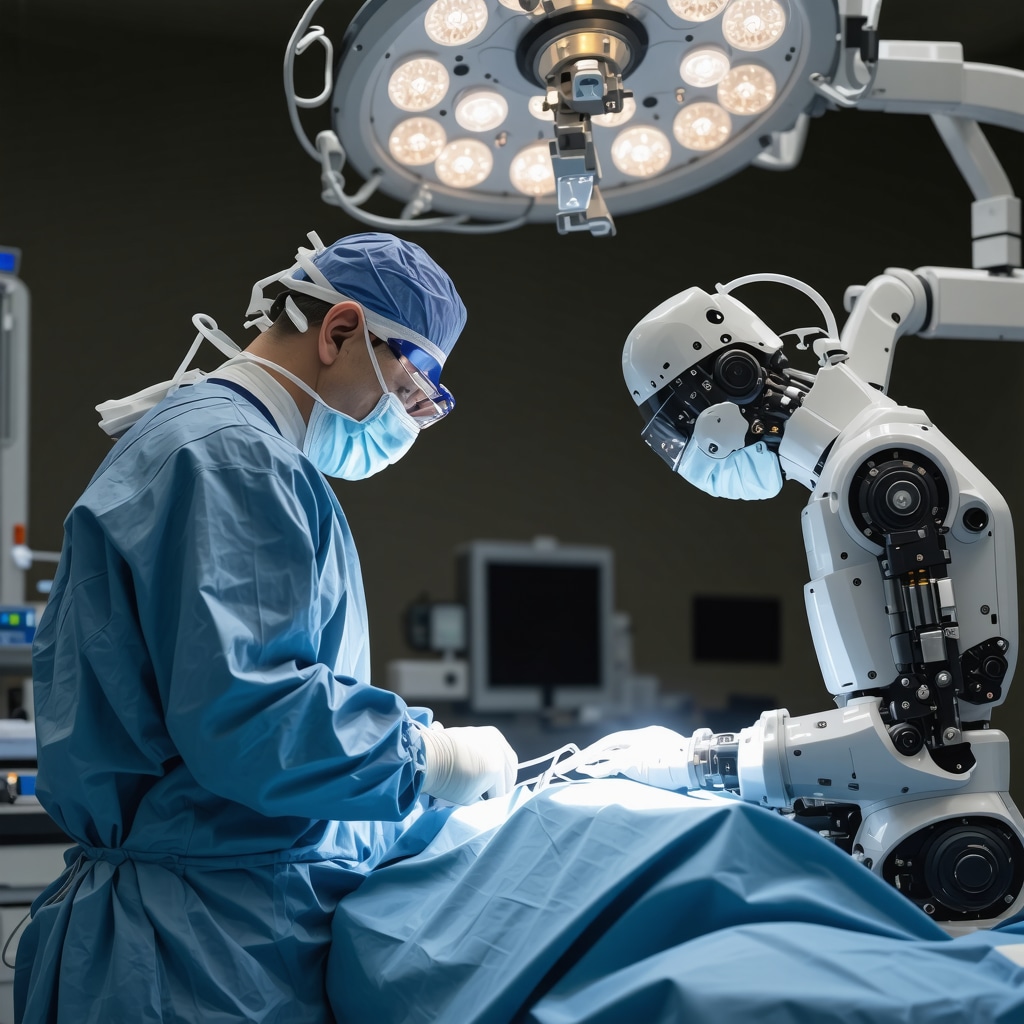 Surgeon using robotic technology for precise spinal surgery in a modern operating room.
