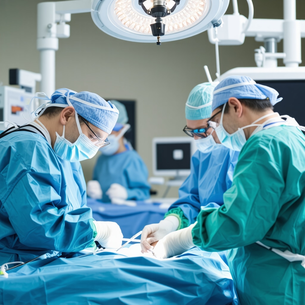 Surgeons performing advanced minimally invasive spine surgery using robotic assistance in a modern operating room.