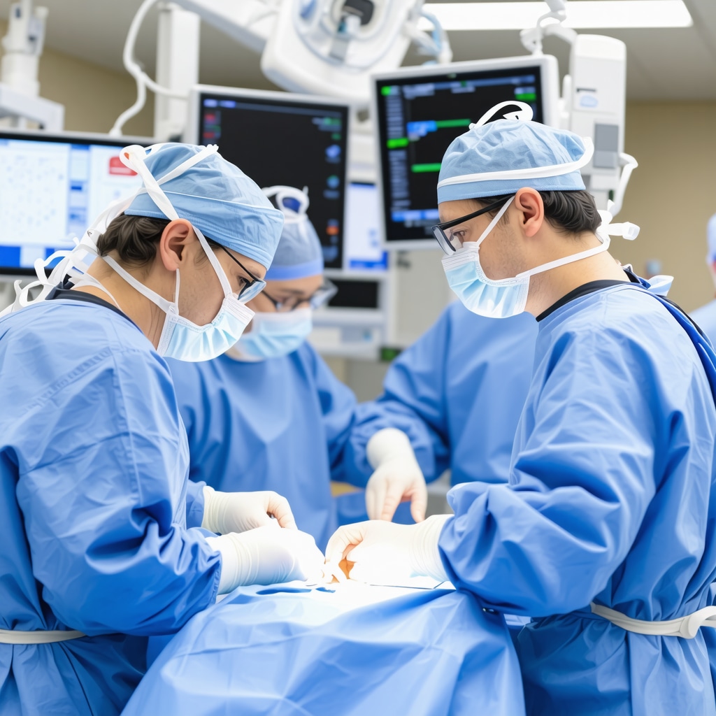 Surgeons using advanced navigation systems during cervical spine surgery in a modern operating room.