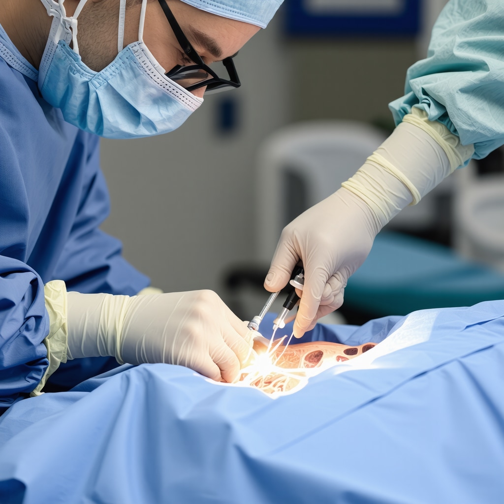 Surgeon performing minimally invasive laser spine surgery with specialized tools