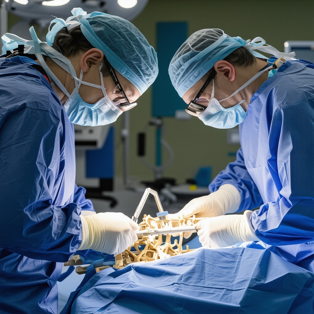 Surgeon performing robotic-assisted spine surgery with high-tech equipment